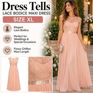 Dress Tells Lace Bodice Maxi Dress Womens XL Blush Peach Chiffon Formal Gown